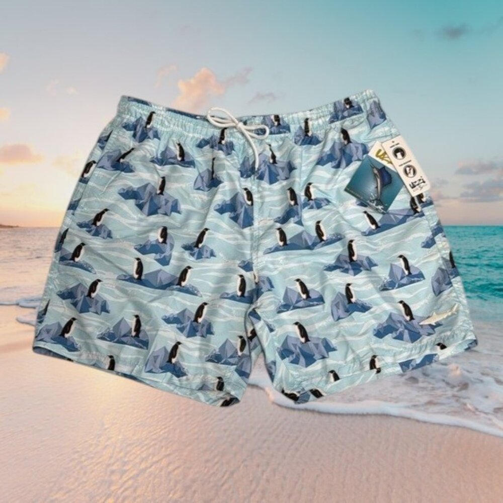 NWT UZZI Blue White Penguins Water Resistant Fast Dry Mens Lined Swim Trunks XXL